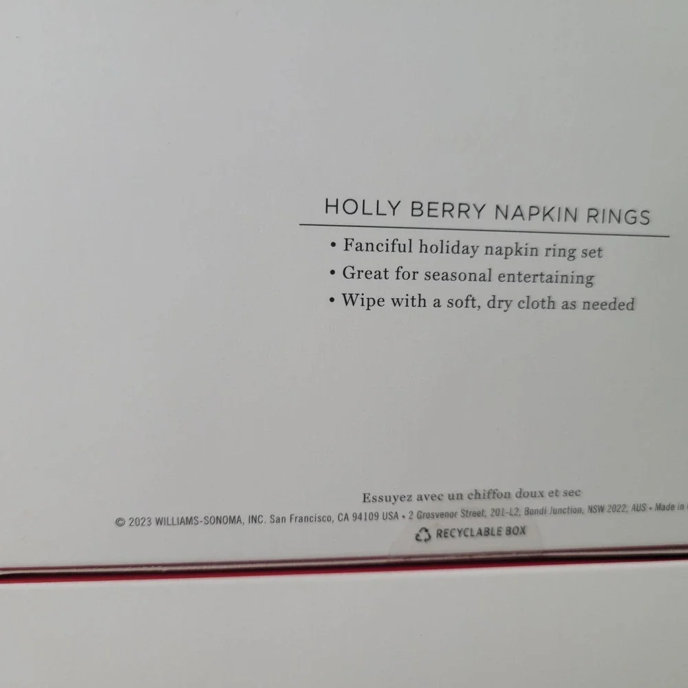Williams Sonoma Holly Berry Napkin Rings Set of 8 Christmas Holiday Jute NEW